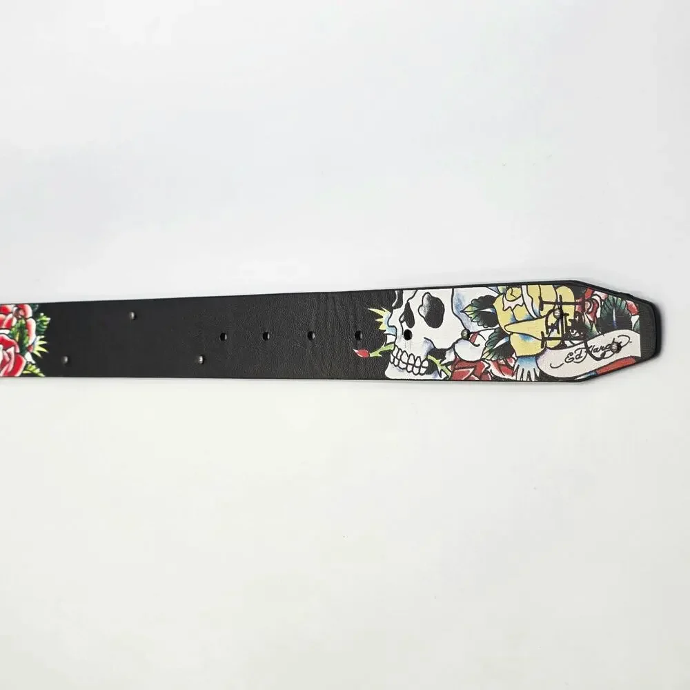 Ed Hardy Men's Skull Rose Print Black Belt With Rivet Studs Size 36 Y2K Punk New